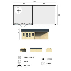 Tuindeco - Chalet bois massif 28,8 m² - 45 mm - Kwaspa